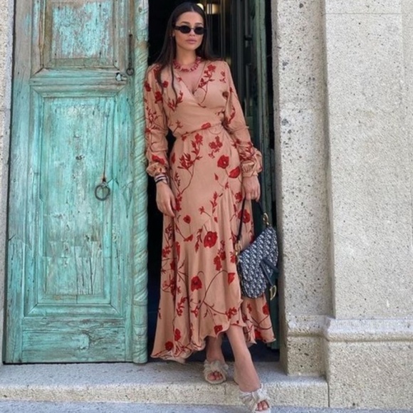 Johanna Ortiz X H&M Maxi Wrap Dress Blogger Favorite Floral Tan Red Size Large - Picture 1 of 16